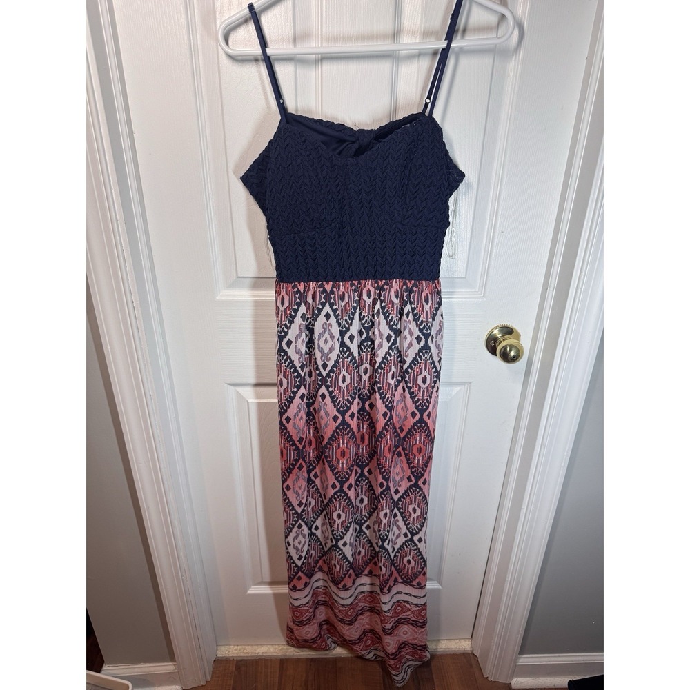 BONGO Women's Maxi Long Dress XL Red Blue White Aztec Patterned Sleeveless